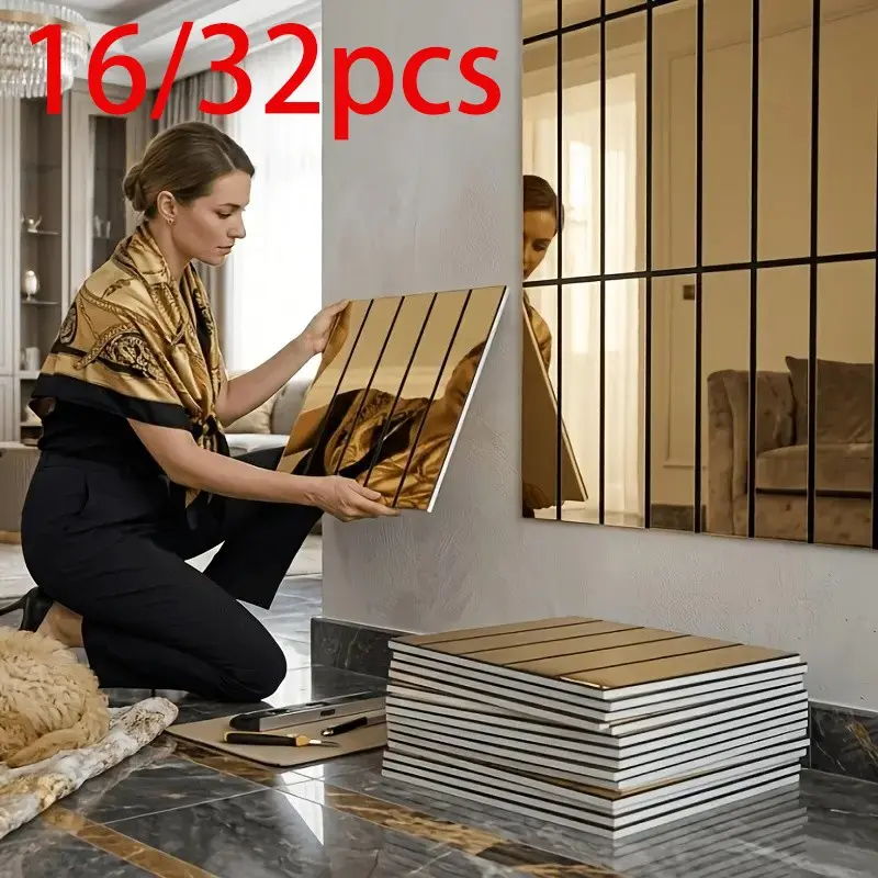 16/32 Piece 3D Striped Grid Self-Adhesive Wallpaper, Thick Mirror Texture, European Luxury PVC Wall Stickers, Removable for Living Room