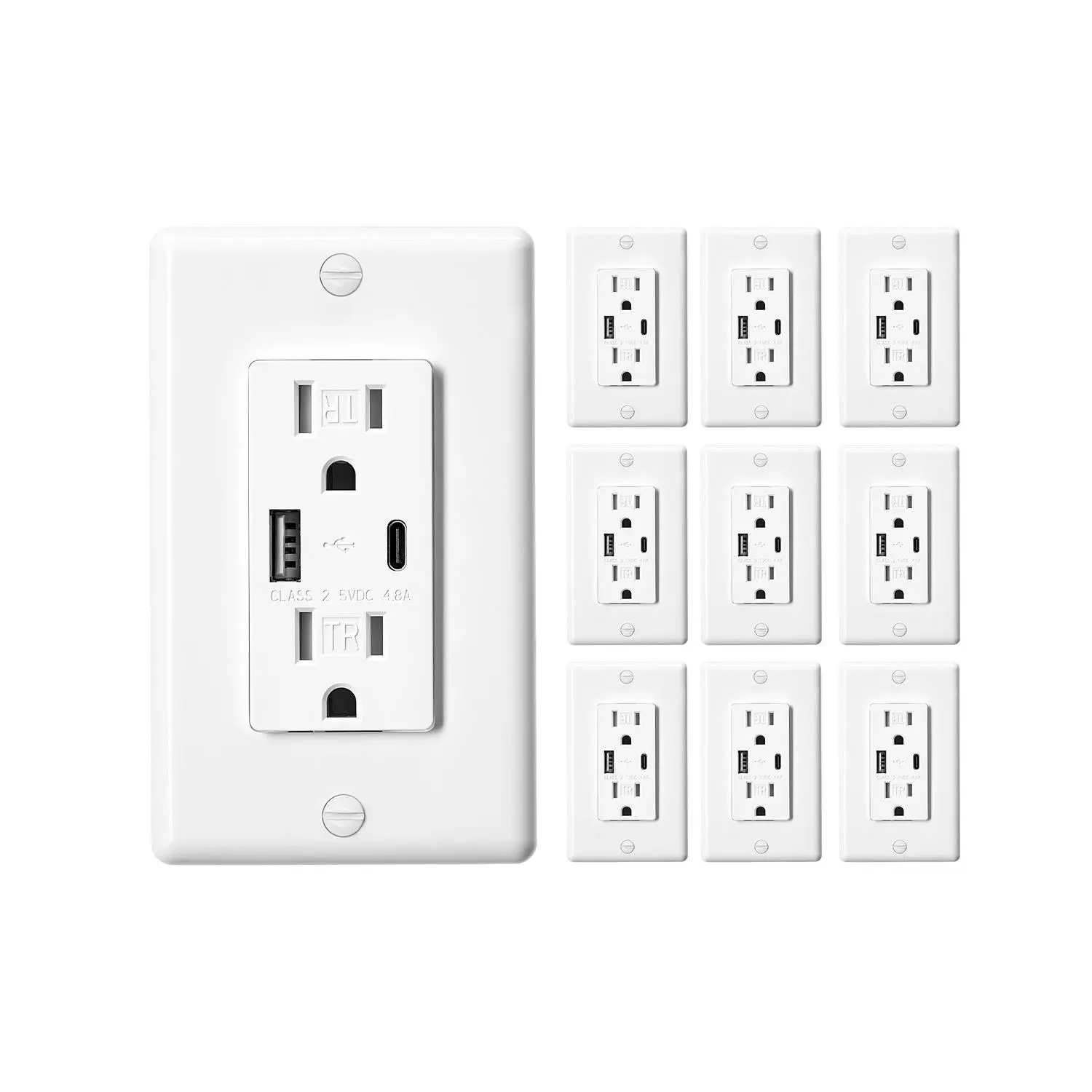 VEVOR USB Wall Outlet, 24 W 15A Tamper Resistant Electrical Outlet with 1 Type C & 1 Type A Ports, 2 Three-prong AC Outlets, Screwless Wall Plate Included, Charging for Multiple Devices, White