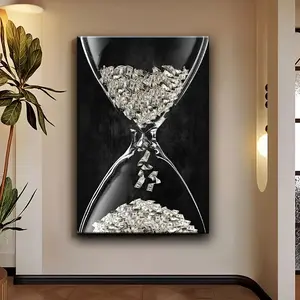 2D flat decorative painting, 1 piece wooden framed canvas art poster, featuring an hourglass pattern with numerous dollar bills, suitable for aesthetic decoration in office corridors, home living rooms, popular wall art, an excellent gift choice