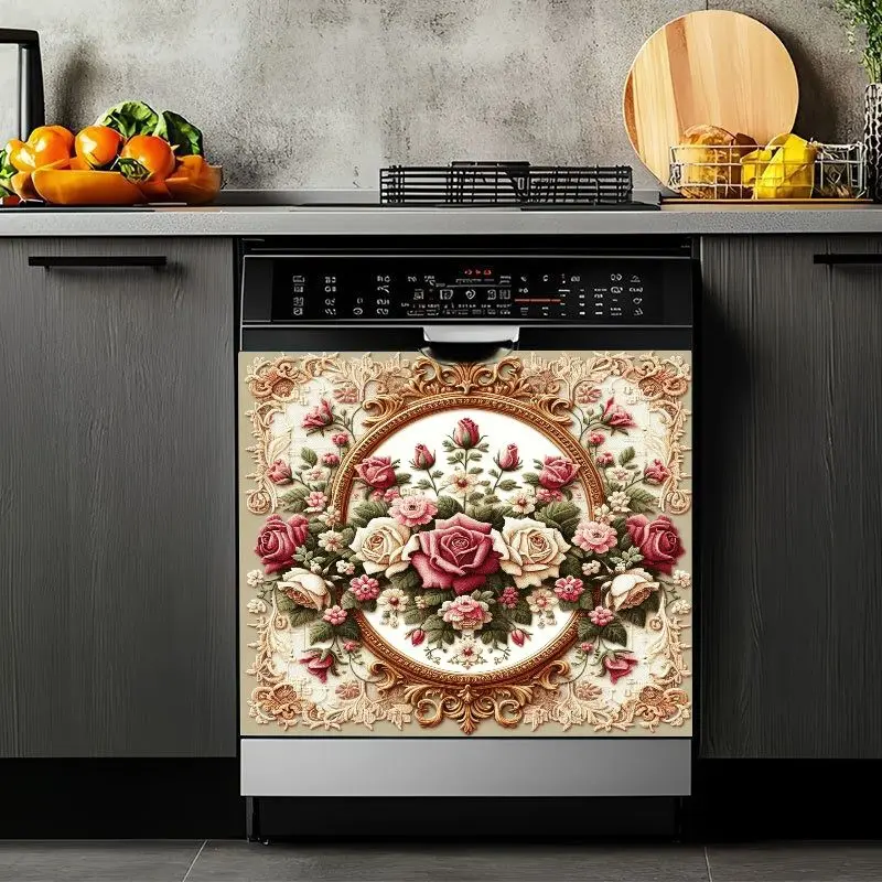 2D Flat 2Pcs Elegant European Floral Decal Dishwasher Front Panel Cover Sticker Vintage Rose Design Decorative Appliance Wrap for Kitchen Refrigerator Washing Machine Vinyl Removable Waterproof Home Decor