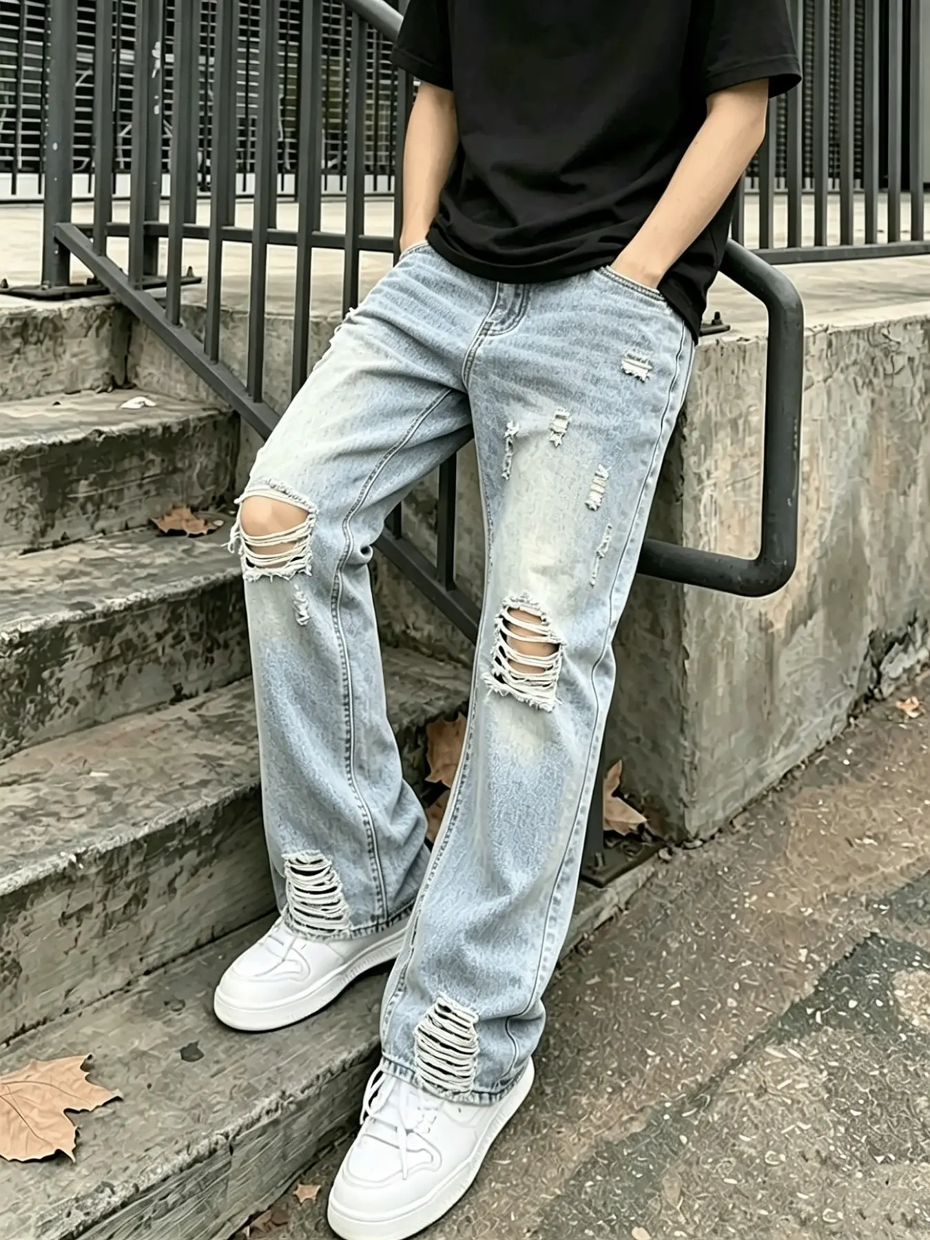 Men's Vintage Snow White Ripped Jeans with High-Street Ins Style, Multi-position Frayed Edges, Loose Slim-fit Wide-Leg Straight Pants, Extended Length Stacked Ankle Casual Denim Trousers