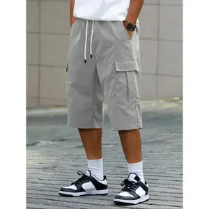 Men's 3/4 Length Fitted Work Shorts, Casual Seven-Quarter Pants, Plain, Multiple Pockets Design, Comfortable Summer Wear, Suitable for Outdoor Activities and Daily Use, Casual Drawstring Shorts