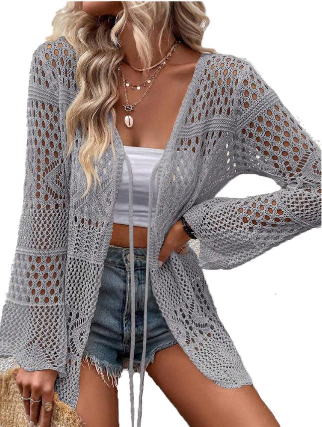Women's Solid Color Hollow Out Tie Front Crochet Cardigan, Casual Long Sleeve Knitwear for Summer, Fashion Women's Knit Clothing for Daily Wear, Knitting, Summer Cardigan Women, Beach Cover Up, Lightweight Knit Top, Boho Crochet Sweater, Vacation Outfit