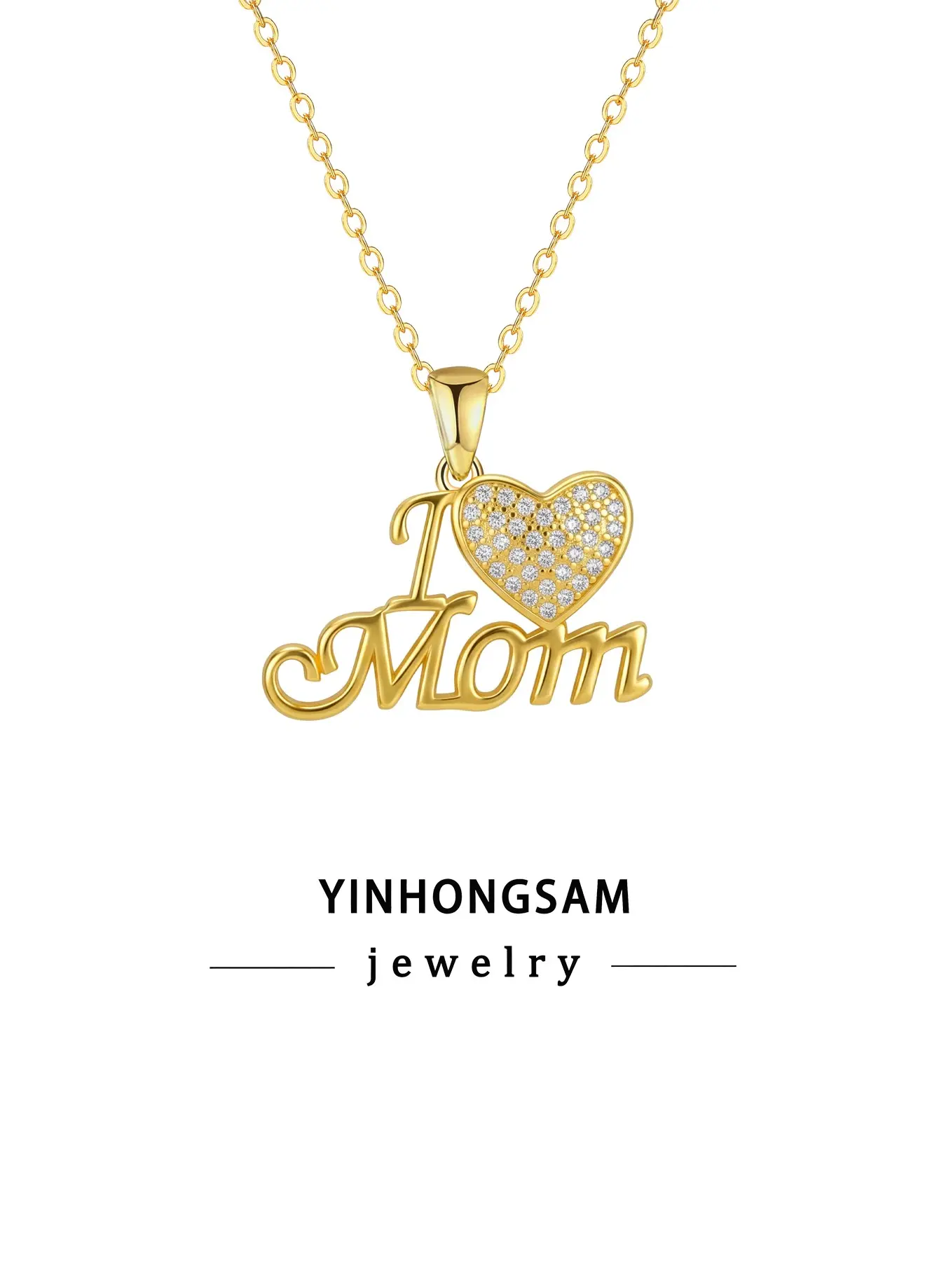 Yinhongsam Elegant I Love Mom Pendant, Heart-Shaped Cz Necklace, Adjustable Luxury Chain, Mother's Day Gift with Box
