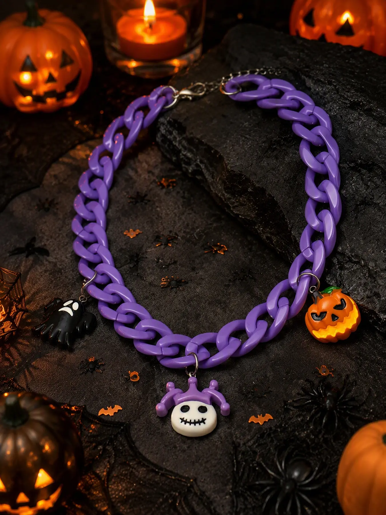 Cute Halloween Necklace, Purple Chunky Chain Necklace with Ghost Pumpkin Charms, Spooky Season Jewelry for Women Girls, Trendy Fall Accessories