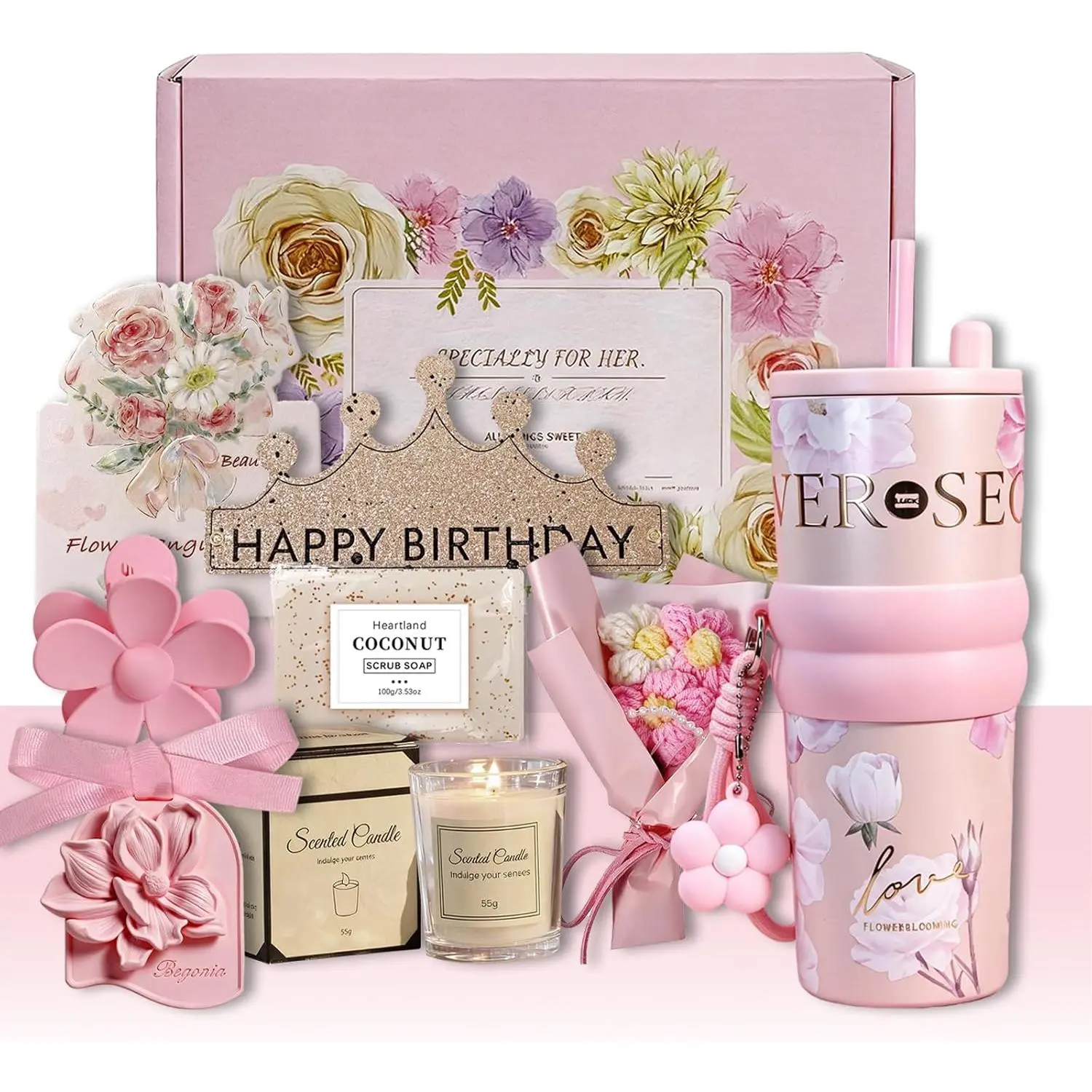 Happy Birthday Gift Basket for Women, Unique Birthday Gifts for Women with Pink Insulated Tumbler, Luxury Self Care Box Set for Best Friend, Mom, Sister, Grandma, Daughter, Girlfriend, Coworker