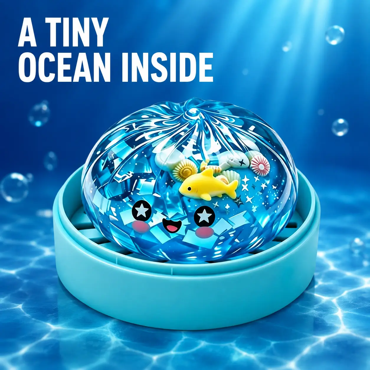 Ocean Dumpling Squishy Toy, Transparent Fish & Seashell Squeeze Ball with Display Base, Kawaii Steamed Bao Bun Sensory Fidget Toy, Soft Stress Relief Collectible Gift for Teens & Adults