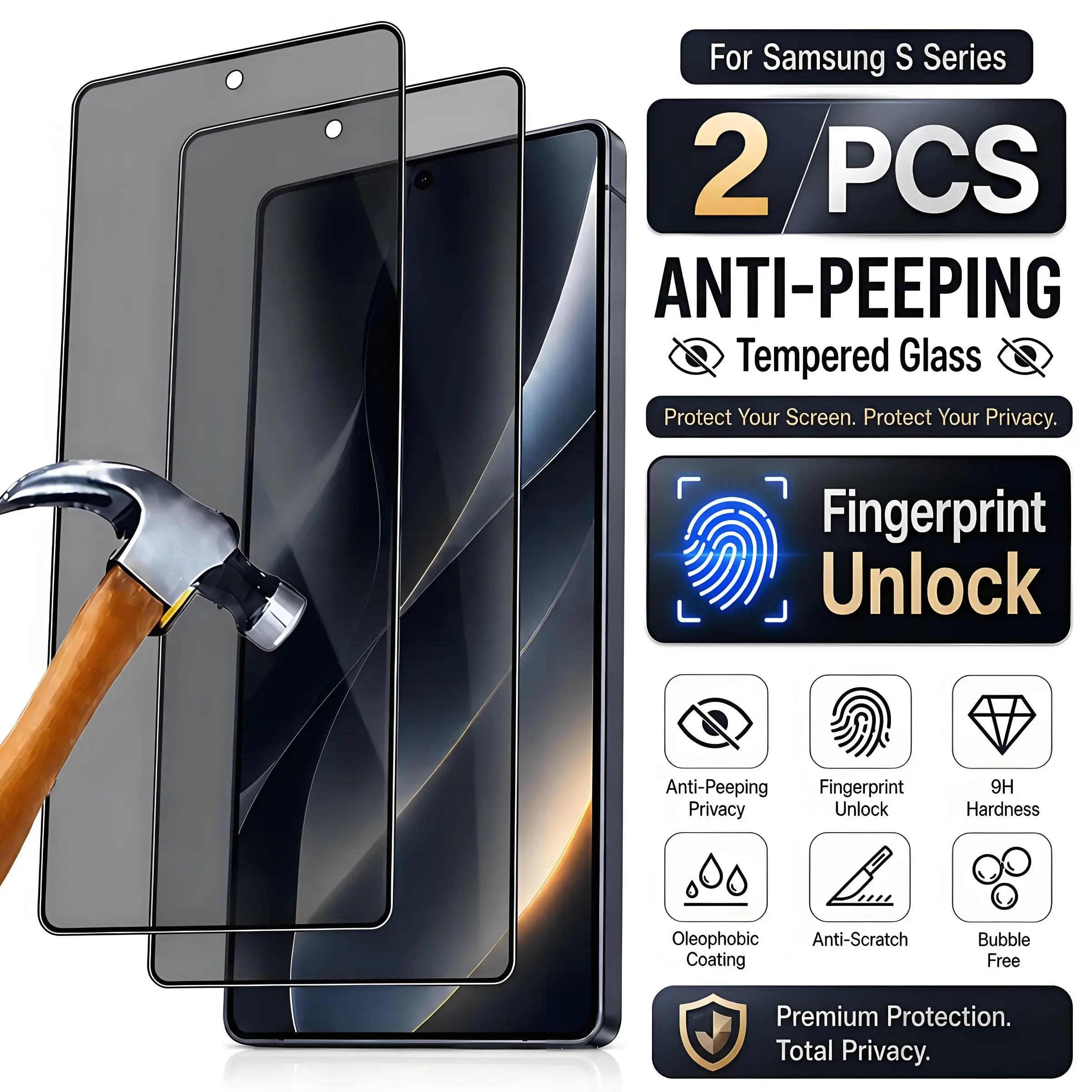 2pcs Privacy Tempered Glass Protective Screen Protector, Supports Fingerprint Unlocking, for Samsung for Galaxy S26 Ultra/S26+/S26/S25 Ultra/S25+/S24 Ultra/S24/S23/S22+ 5G, 9H Hardness, Full Coverage, Case Friendly & Easy Install, Smartphone