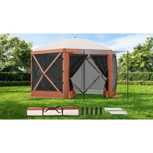 12×12ft six-sided pop-up camping gazebo screen tent finished in brown and beige. This large shade shelter features full mesh screen windows, and comes complete with a portable storage carry bag and ground stakes.