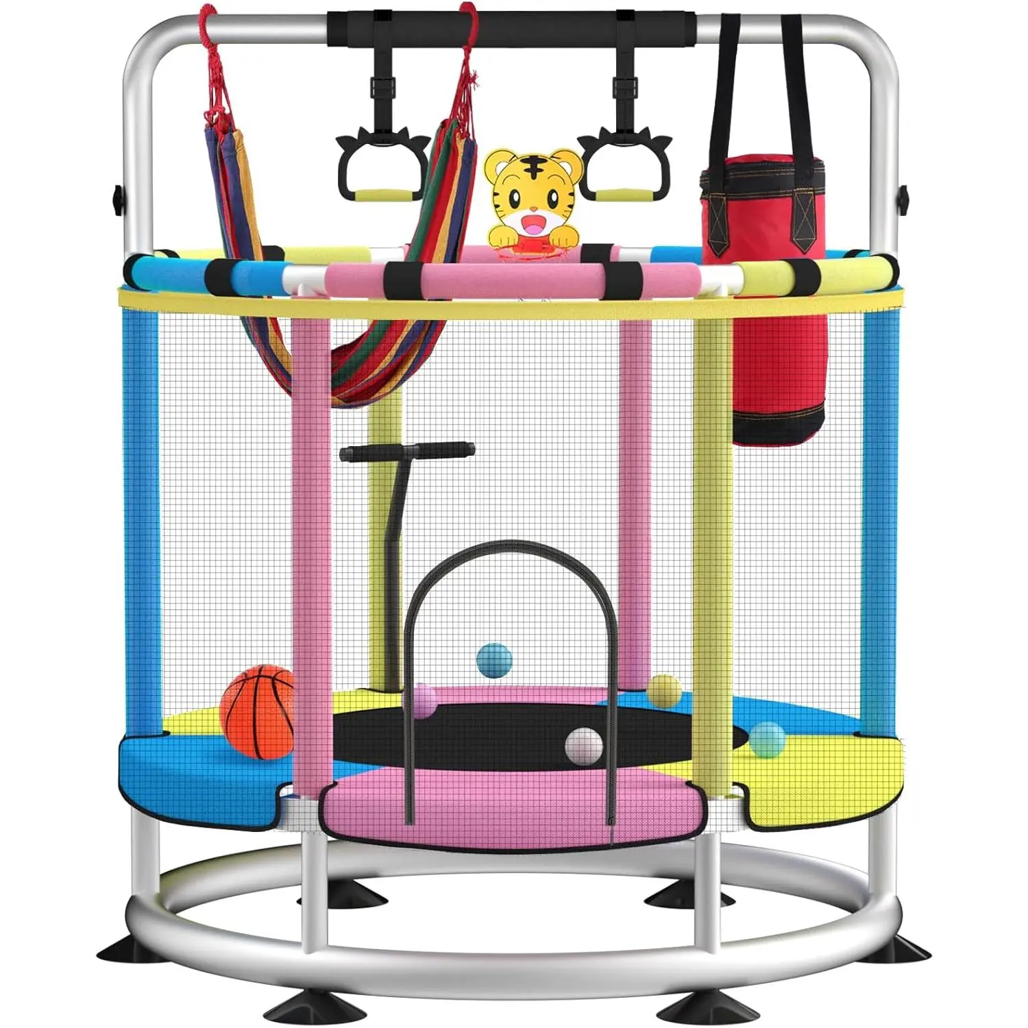 Enclosed Safety Trampoline for Kids, Adjustable Baby Toddler Trampoline with Basketball Hoop, Round Bottom Indoor-Outdoor Use