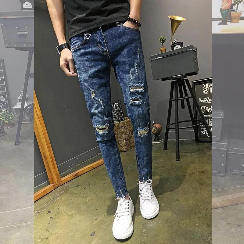Retro Japanese Style Men's Slim Fit Jeans Spring Summer Trendy Brand Hole Punching Nine Points Casual Fashionable Jeans