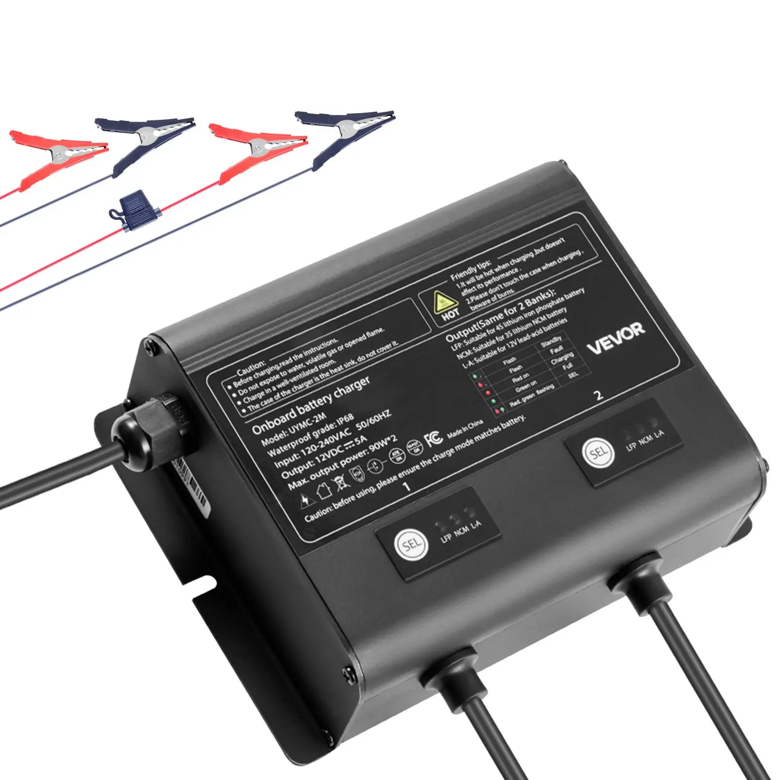 VEVOR Marine Battery Charger, 2-Bank, 5A 12V Onboard Boat Charger, IP68 Waterproof Smart On-Board Battery Charger, for Lithium-Ion (LiFePO4), NCM, Lead-Acid Batteries, Large Boat, Yacht, RV, Trailer