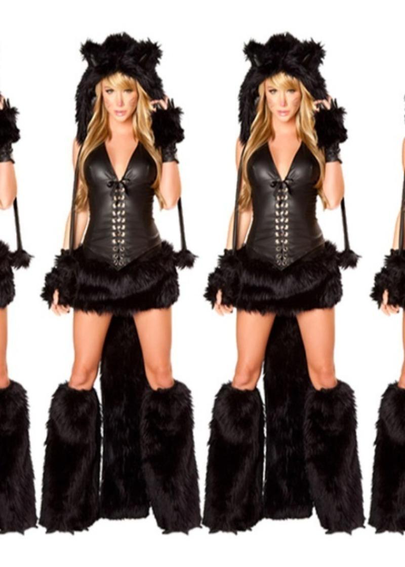Woman Sexy Animals Costume Bunny White Leopard Fox Roleplay Outfit Hooded Dress with Tail Carnival Halloween Cosplay Party