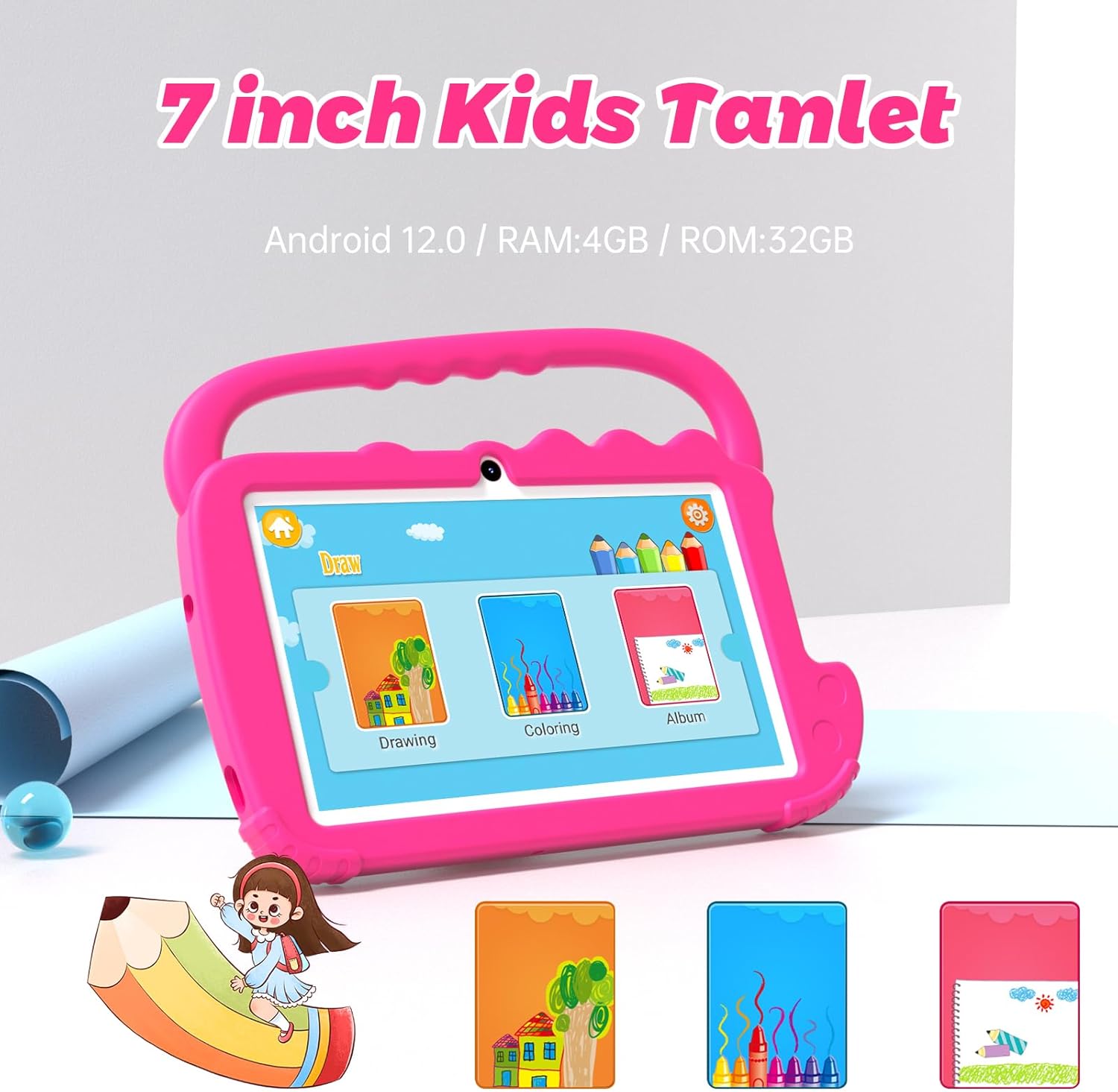 Kids Tablet Android Toddler 2GB RAM WiFi Pre installed Parent Control Learning Education Dual Camera IPS Touch Screen Tablets Red