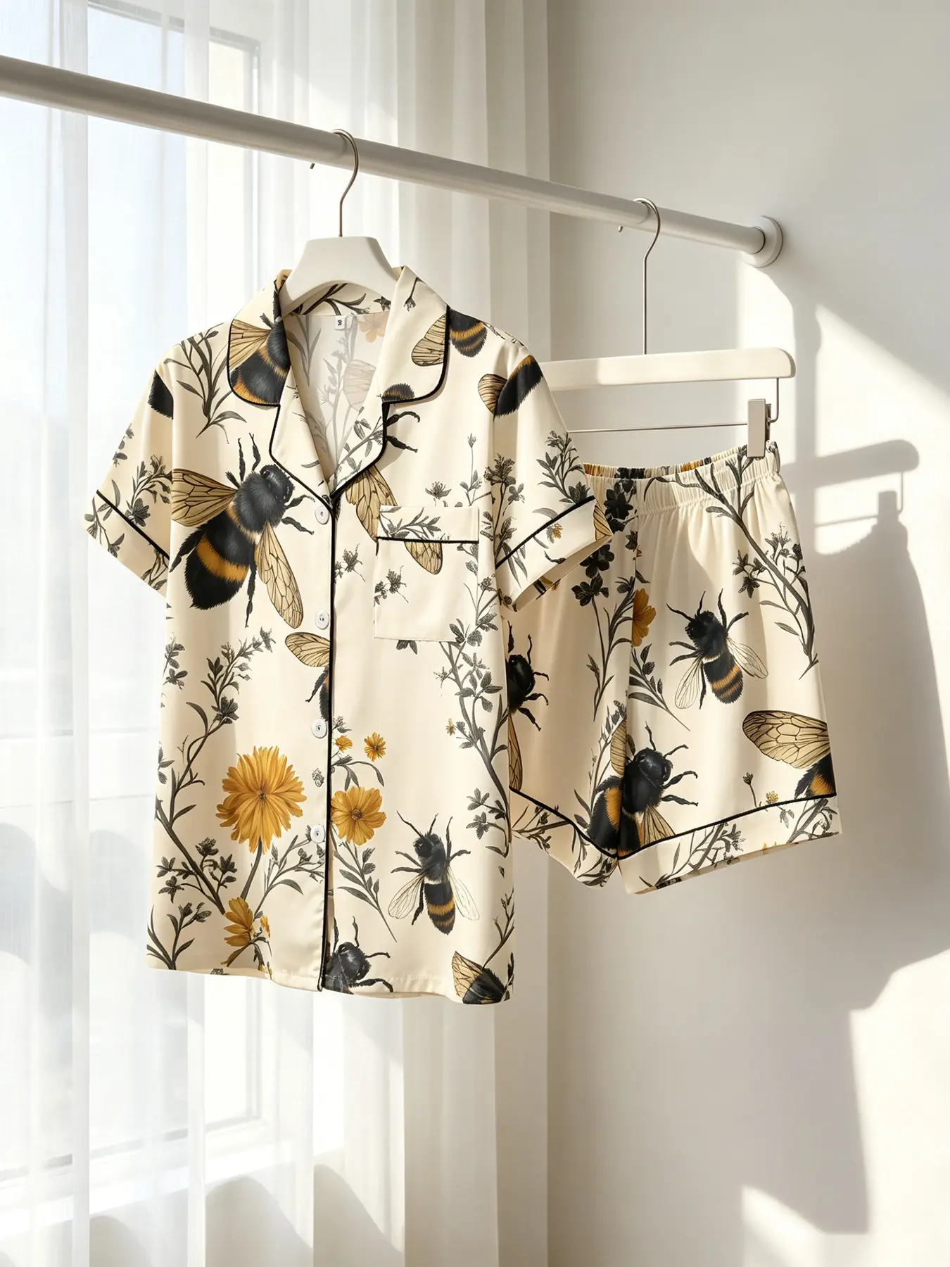 Women's Button-Down Short Sleeve Top & Shorts Pajama Set, Viral INS Style Beige Bee Wildflower Print, Floral, Classic Collar, Spring Summer Wear, Breathable, Aesthetic Loungewear for Photos & Gatherings