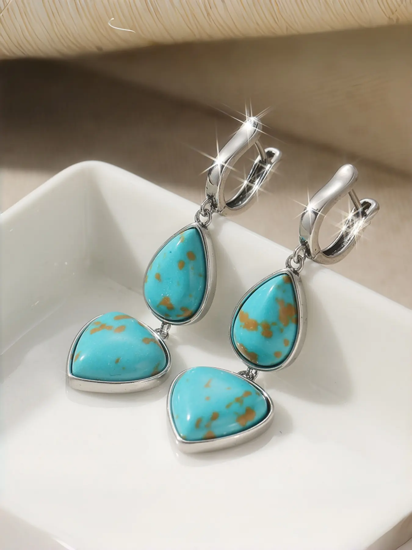 Western Boho Double Layer Teardrop Triangle Non-Natural Turquoise Leverback Dangle Earrings Antique Silver Tone Bezel Set Long Drop Earrings For Women Vacation Party Stylish Jewelry Gift For Her