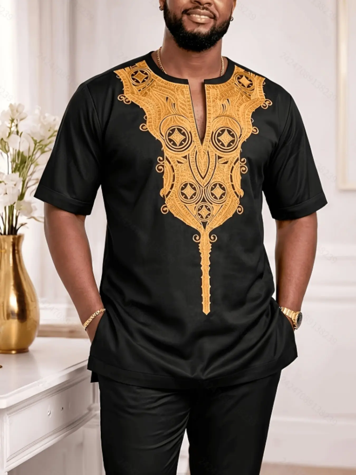 Muslim Men's New Arrival African Ethnic Clothing Set, T-Shirt and Long Pants 2-Piece Set, Trendy Male