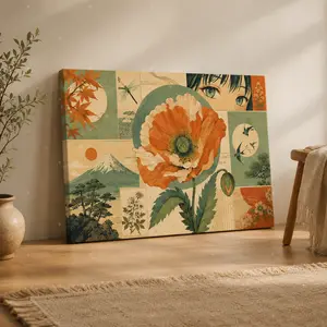 Japanese Poppy and Fuji Collage Horizontal Canvas Wall Art, Floral Poster, Home Decor for Living Room Bedroom, Available as Unframed Canvas Poster or Framed Canvas Wrap