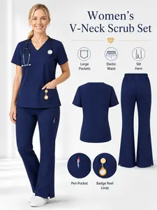 Women's V-Neck Scrub Set 2 Piece Nurse Uniform Medical Workwear with Large Pockets Elastic Waist Slit Hem Pants Comfortable Stretch Scrubs
