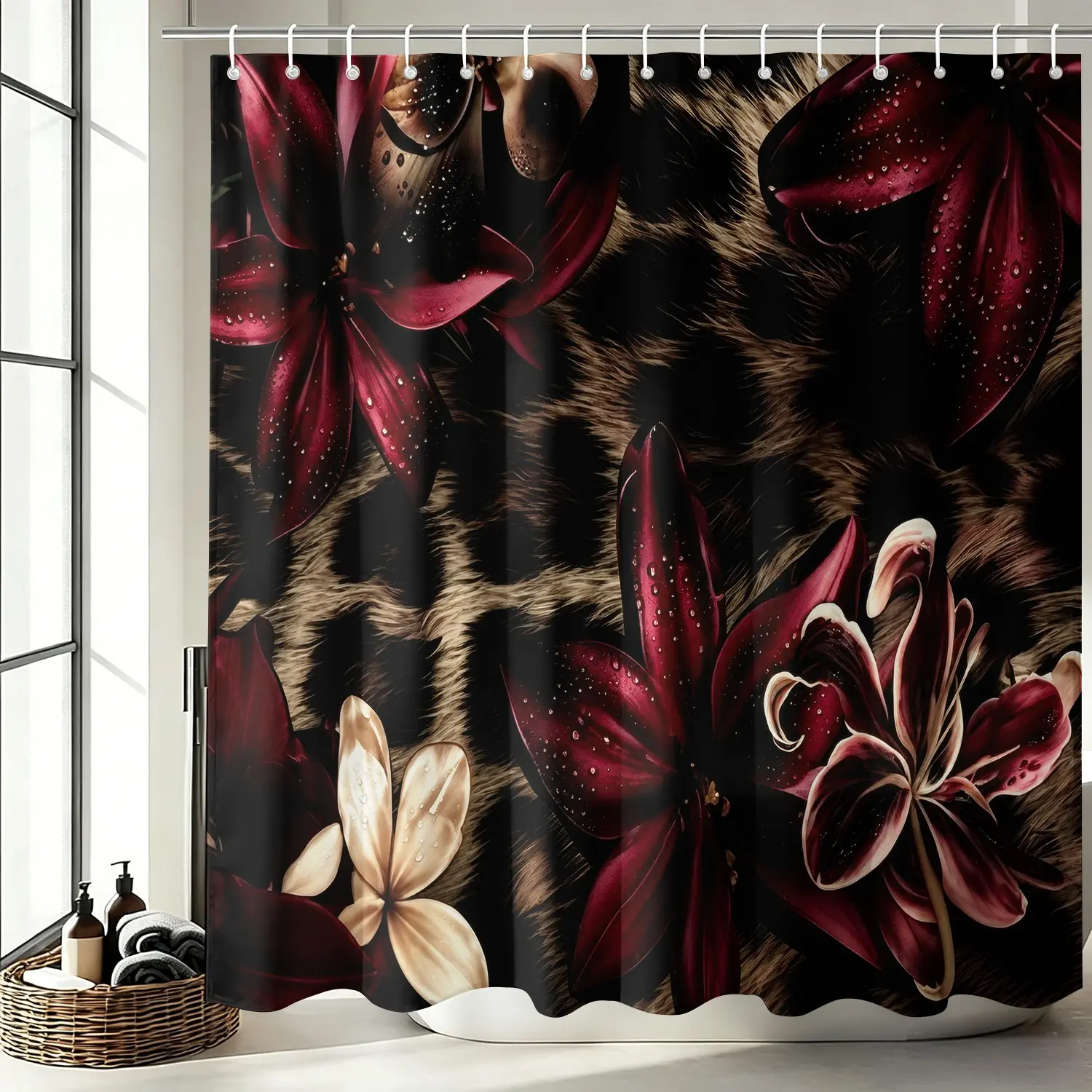Dark Gothic Leopard Burgundy Lily Fabric Shower Curtain for Moody Aesthetic Decor, Bathing Cover Privacy Curtain, Waterproof Bathroom Accessory with 12 Hooks, Gift for Dark Floral Style Lovers