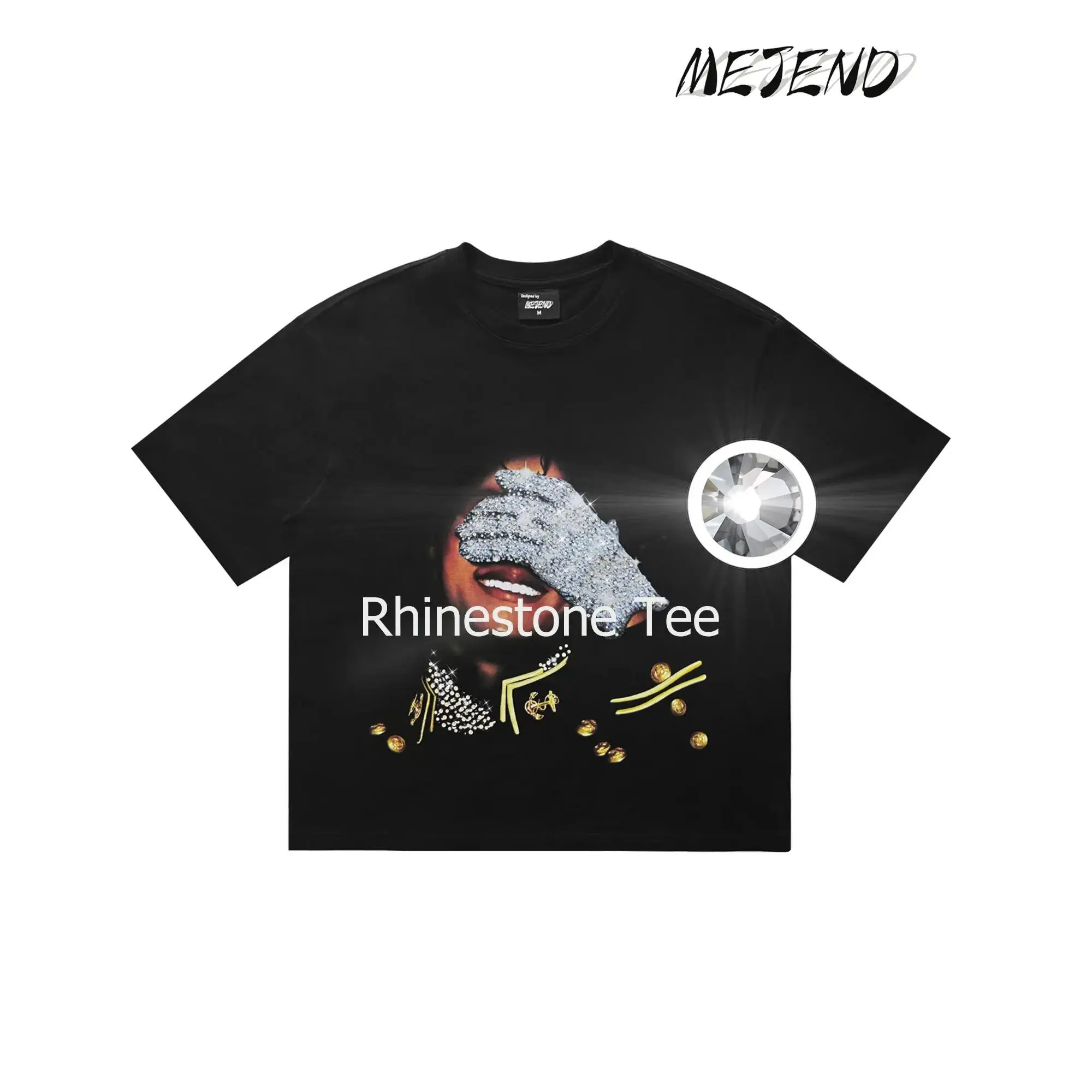 10oz 100% Cotton, t shirt with Rhinestone, Comfort Shortsleeve Casual,mj shirt with Diamonds, Streetwear tee, MeJend Sweatshirt for Men & Women