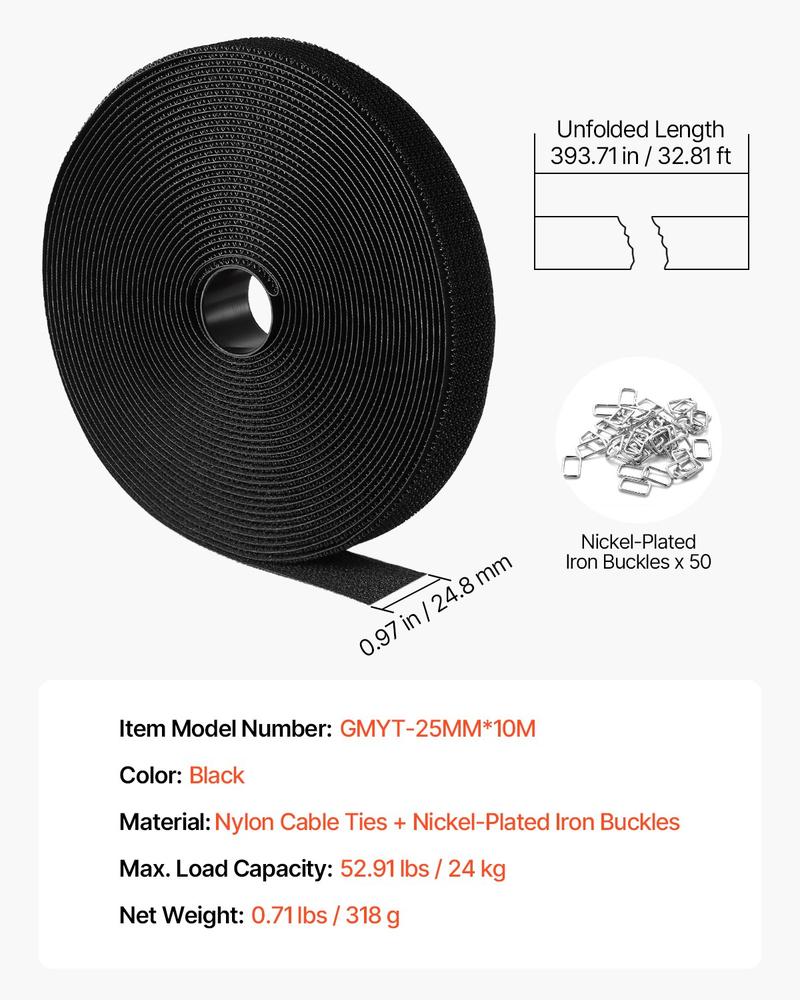 VEVOR Cable Ties, 393.7-Inch Adjustable Hook and Loop Straps with 50 Metal Buckles, Reusable Velcro Cords Straps, Cut-to-Length Wire Strap, Heavy-Duty Nylon Cord Ties for Organizer and Management