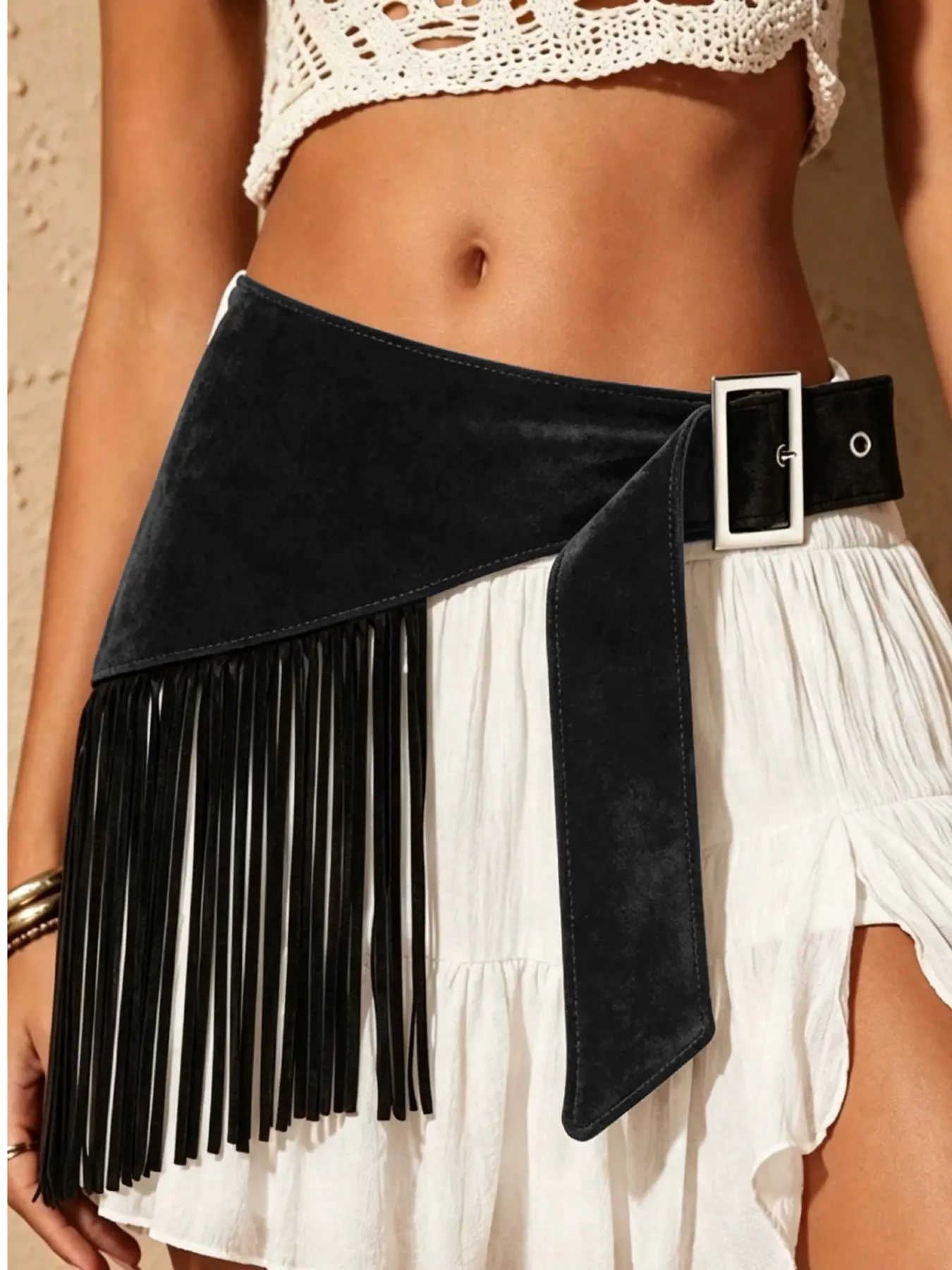 Boho Fringe Belt for Women, Vintage Triangular Waist Sash, Faux Fur Belt, Perfect for Dresses, Pants, Holidays, Travel, Parties