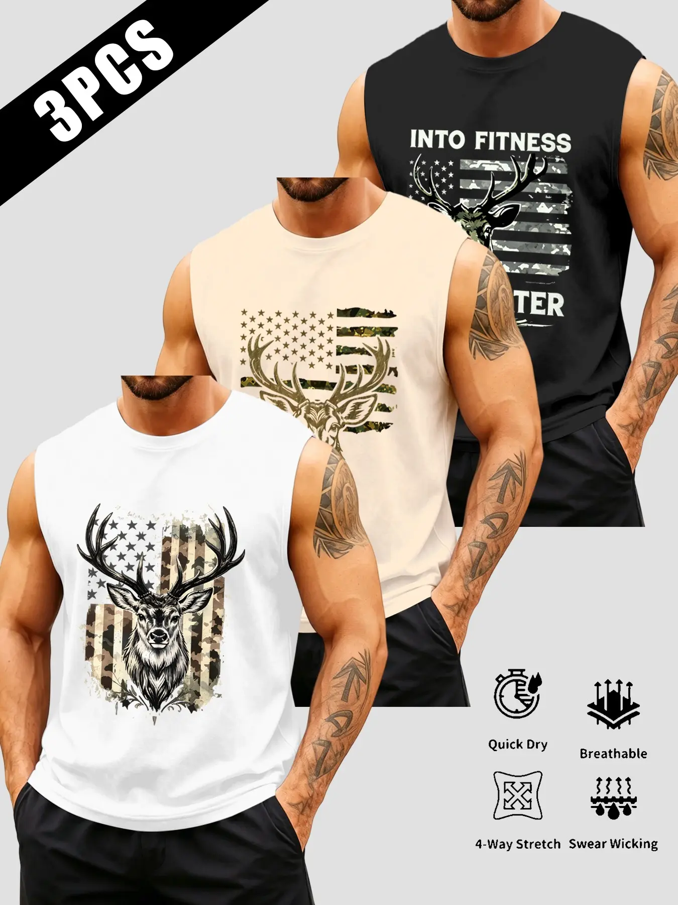 Men's Camouflage Deer Print Gym Tank Top Set, Vintage Flag Deer Head Pattern, Moisture-Wicking Fabric, Ideal for Weight Training, Outdoor Hunting, Casual Wear