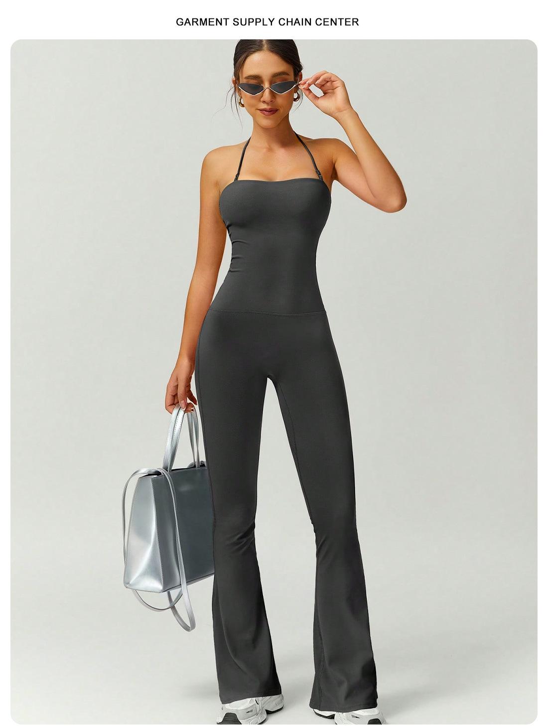 Trendy Slim-Fit One-Piece Bell-Bottom Pants for Women with Straps Beautiful Back Butt-Lifting for Fitness Yoga Outdoor Activities in Gray Black Burgundy Linen Navy Blue Coffee Brown Army Green Rose Red