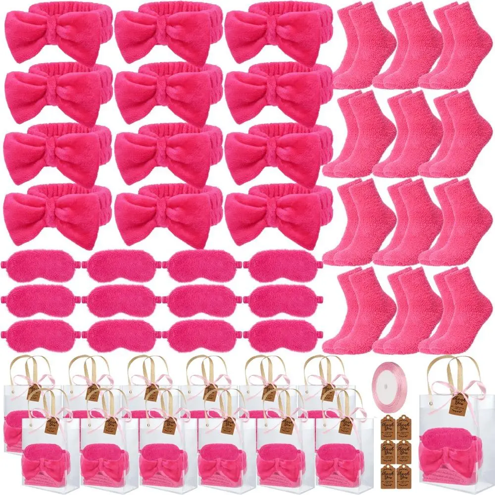 61 Pcs (12 Sets) Sleepover Party Favors for Girls Pink Spa Birthday Party Supplies Includes Bow Headbands Eye Masks Fuzzy Socks Clear Gift Bags with Ribbons and Tags Slumber Party Return Gifts for Guests Bridal Shower Bachelorette Party