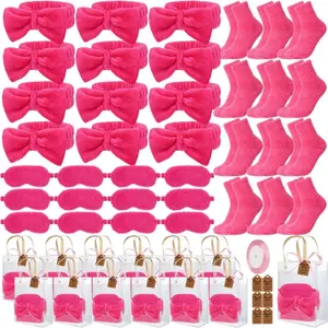 12 Sets Spa Party Supplies for Girls, Pink Sleepover Slumber Party Favors Pack for Guests Includes Headbands, Eye Masks, Fuzzy Socks, and Clear Gift Bags with Ribbons for Birthday, Bachelorette
