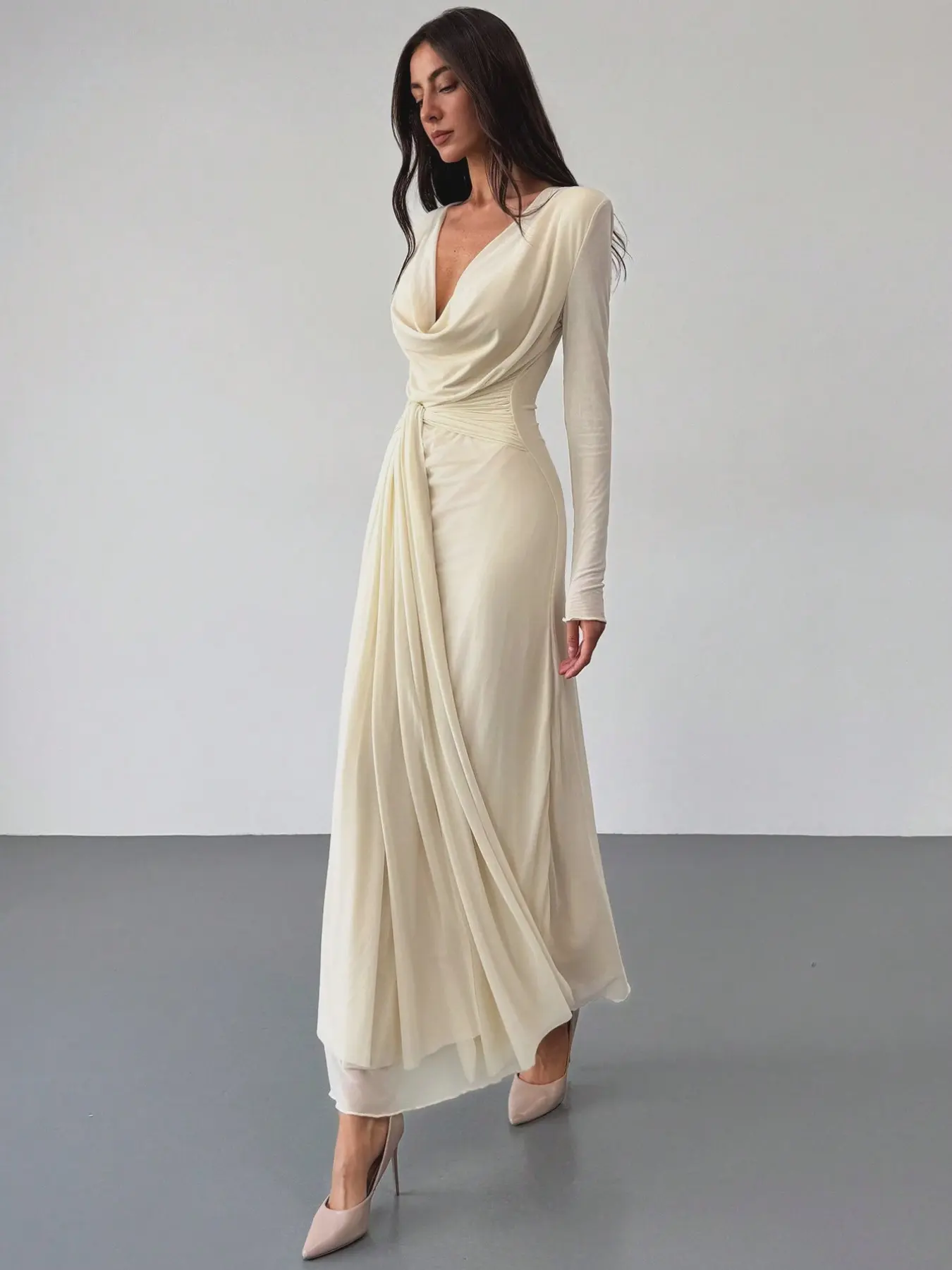Women's Elegant Statement Solid Color Ruched Pleated Maxi Dress, Long Sleeve Bodycon Evening Party Gown for Evening Parties, Formal Dress for Special Occasions