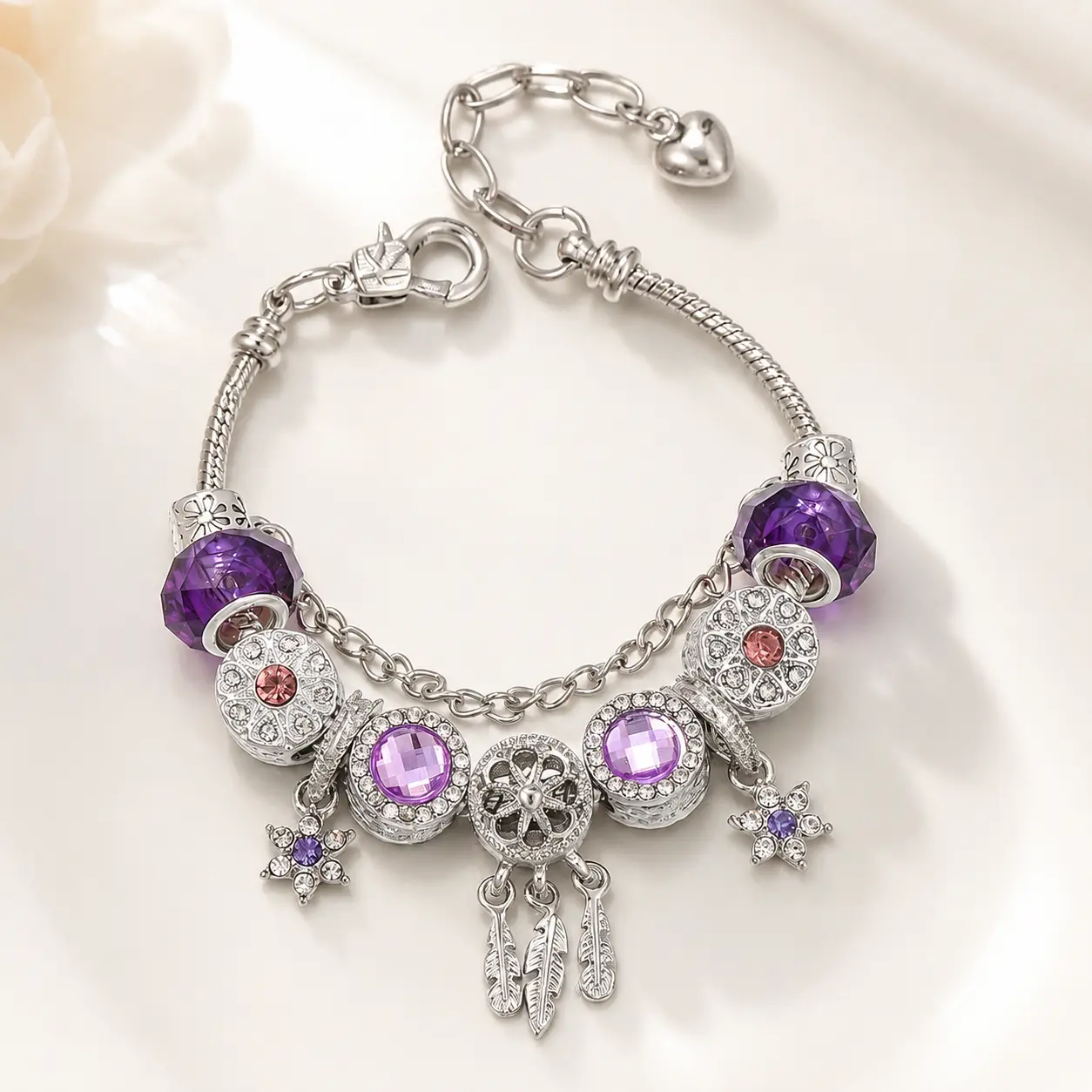 Women's Vintage-Inspired Silver Purple Crystal Charm Bracelet with Star Dangles, Adjustable 18+4cm Jewelry, Romantic Gift Option