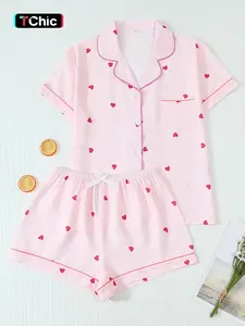 Women's Pajama Set, Dot Print Short Sleeve Top with Pocket, Bow Shorts, Casual Cute Fitted Sleepwear, All Seasons Home Wear Loungewear
