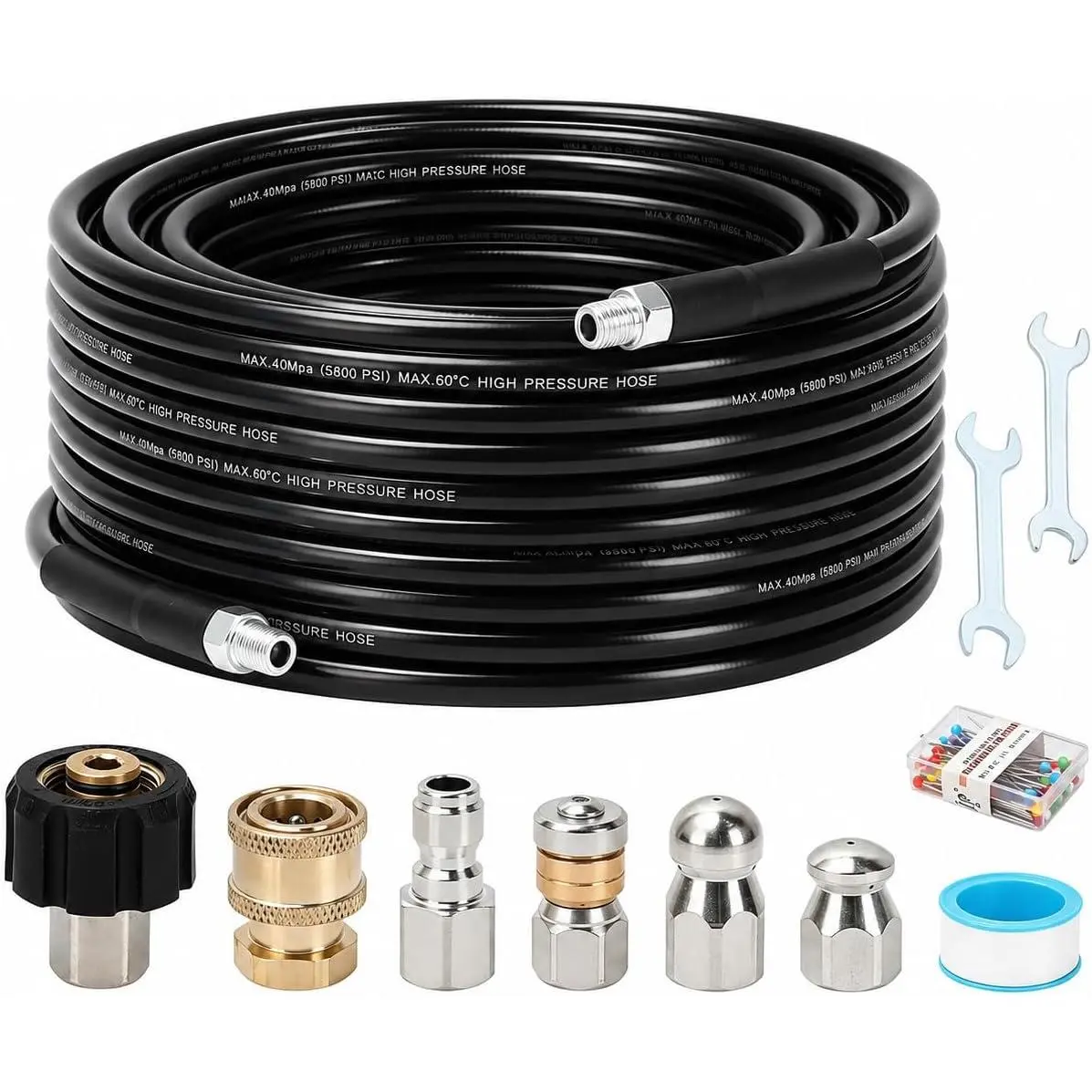 Sewer Jetter Kit for  Washer, 50FT Drain Cleaning Hose with Corner Rotating and Button Nose Nozzles, 1/4" NPT Sewer Jet Nozzle Set with Spanner, Tape, Pins, 5800 PSI
