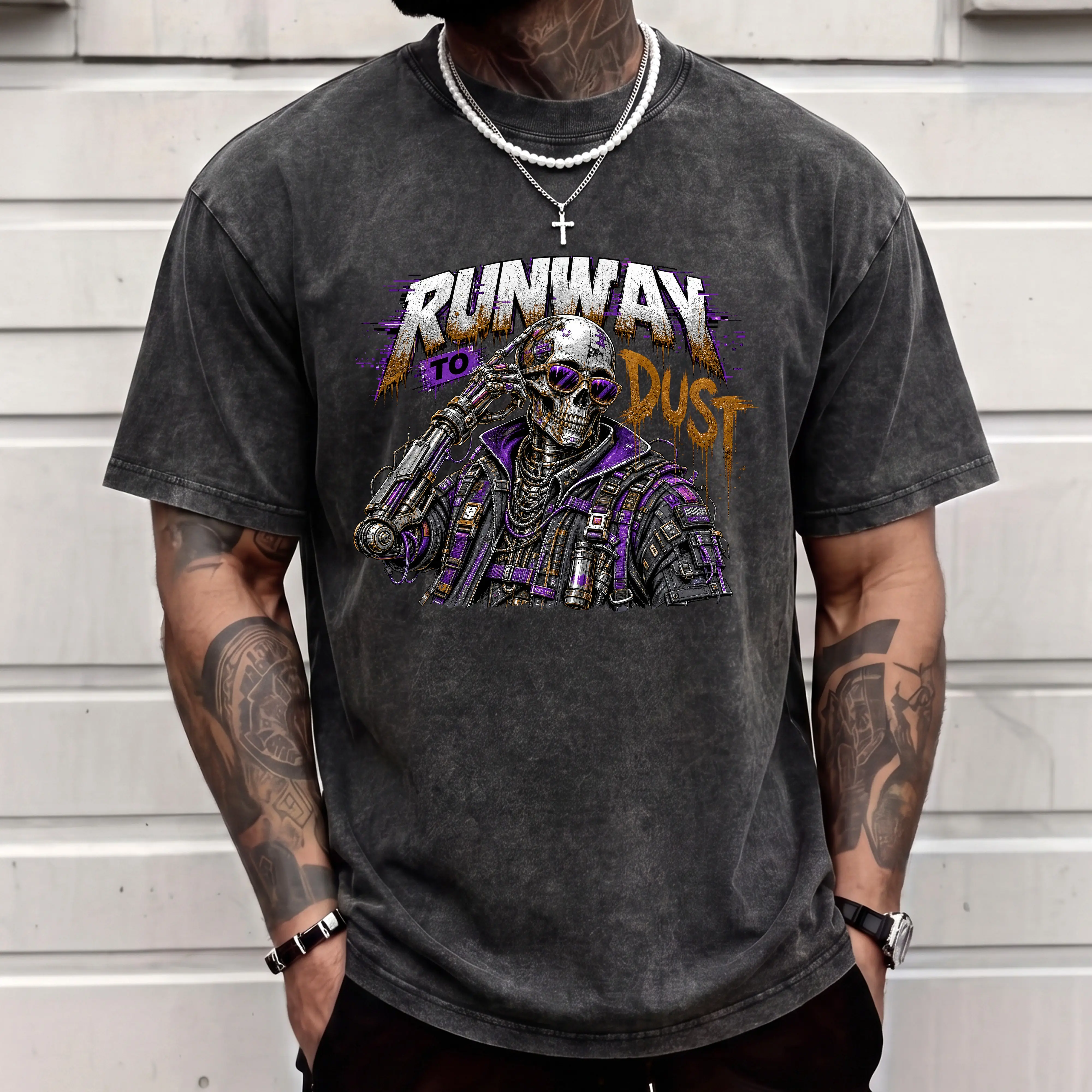 Men's Techwear Graphic T-Shirt in Breathable Purple Acid Washed Cotton, Oversized Casual Streetwear Top with Cyber Skull Design, Tshirt, Shortsleeve, Classic, Day, Fabric, Menswear, Round Neck