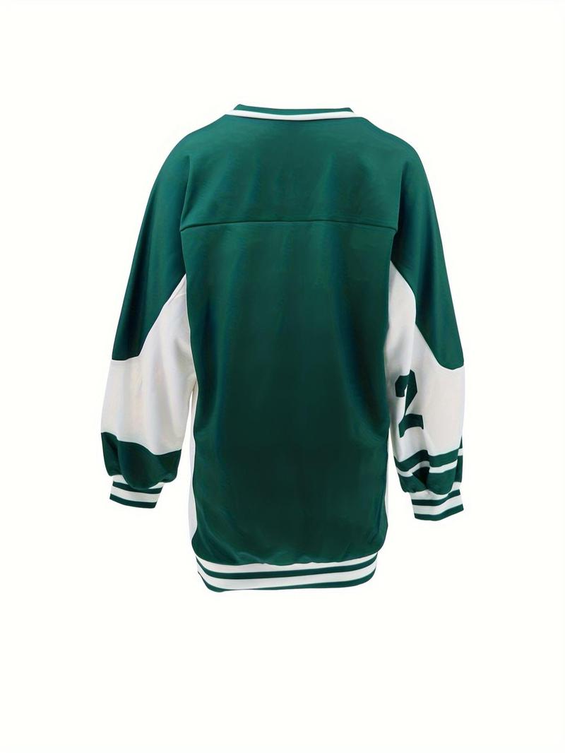 Women's Colorblock & Figure Print Drop Shoulder Sweatshirt, Preppy Fashion Street V Neck Long Sleeve Pullover for Daily Outdoor Wear, Ladies Spring & Fall Clothes