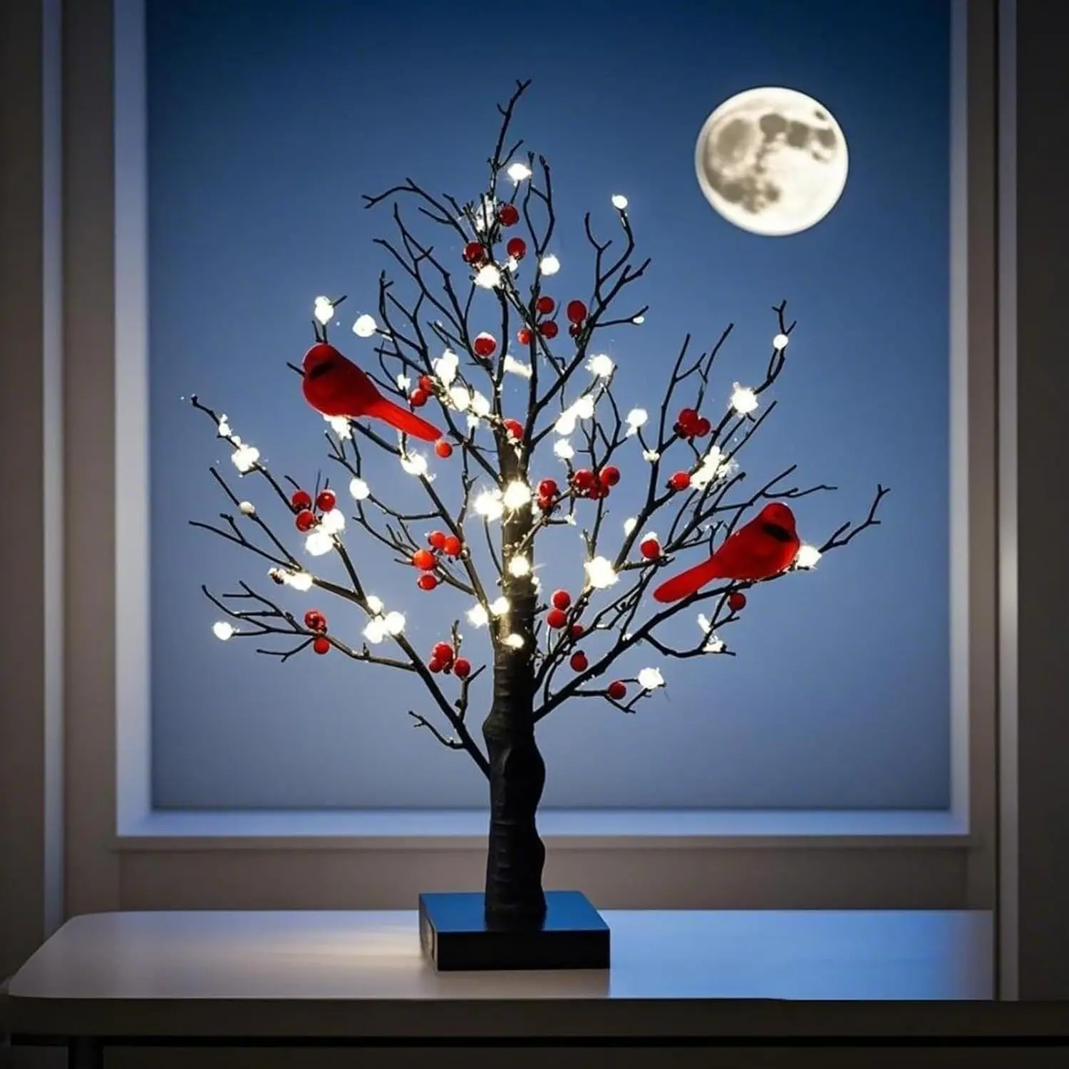 Grapefruit Table Decorative Lamp, Christmas Tree Decoration with 2 Birds and Fruits, LED Fairy Spirit Tree Light, Aa Batteries and USB Plug