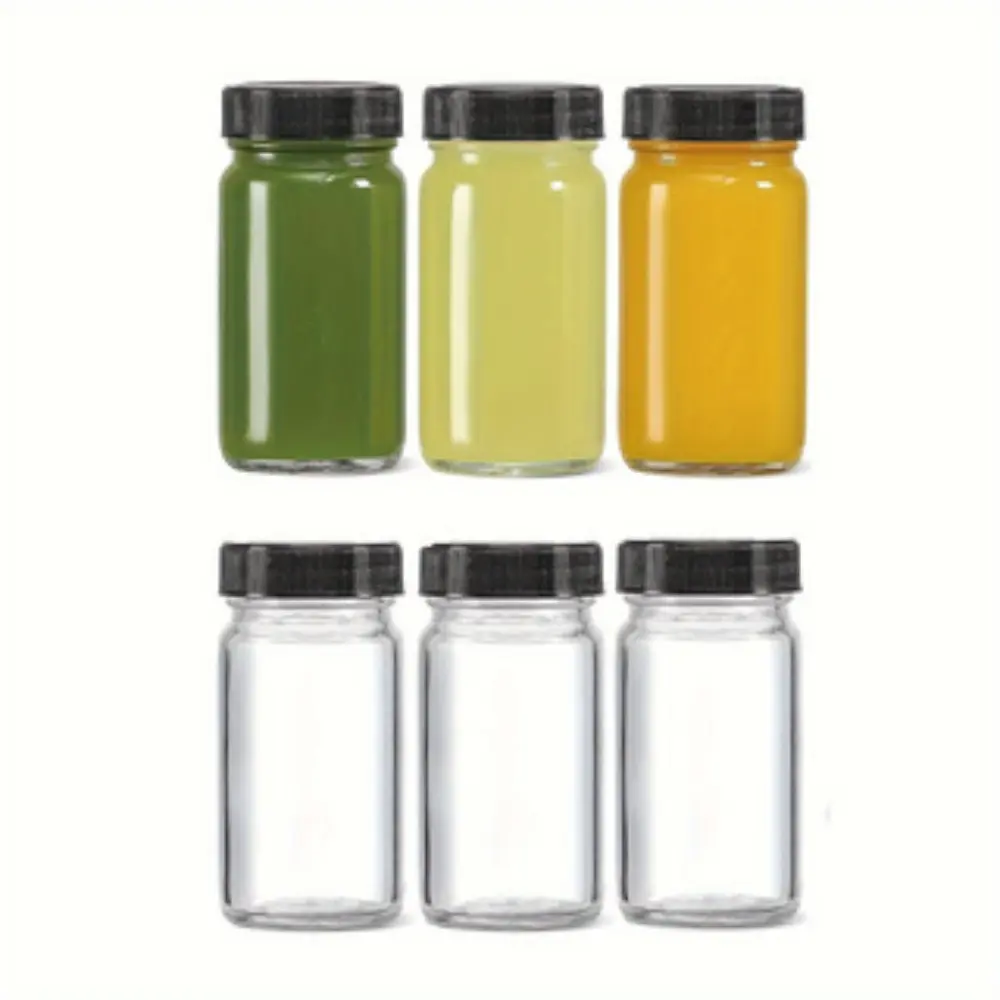 6 Pack 2 oz Clear Glass Shot Bottles with Black Caps, Transparent Bottles, Mini Travel Bottles for Ginger Shots, Juice, Wellness Drinks, Samples and More