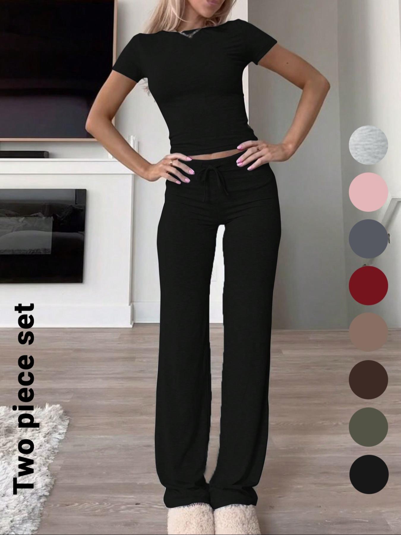 Women's Solid Short Sleeve Two-piece Set, Casual Round Neck Crop Tee & Drawstring High Waist Trousers for Daily Wear, Ladies Summer Clothes