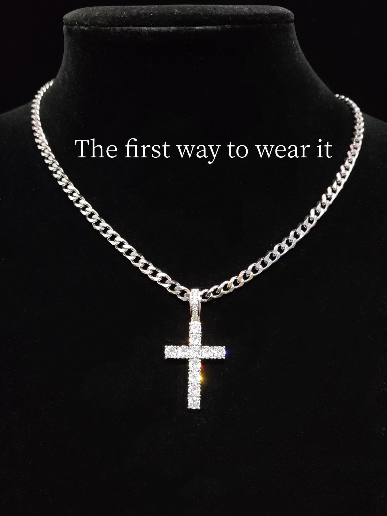 Street Style Rhinestone Decor Necklace Set, Including Cross Necklace & Cuban Link Chain Necklaces, Fashion Jewelry for Party, Daily Decor, Exquisite Jewelry for Gift