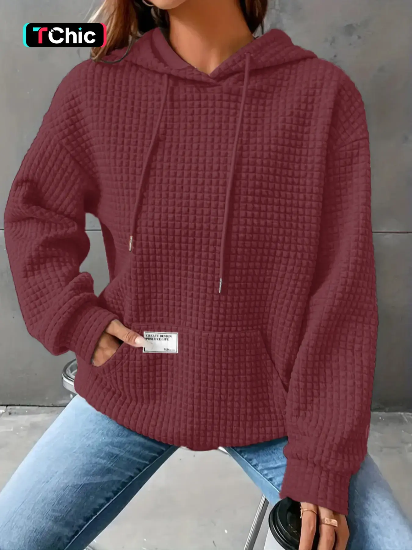 Women's Letter Patched Waffle Textured Drop Shoulder Core Hoodie Pullover, Fashion Casual Long Sleeve Drawstring Pocket Hooded Sweatshirt for Daily Holiday Outdoor Wear, Women Clothing, Womenswear, Tops for Fall & Winter