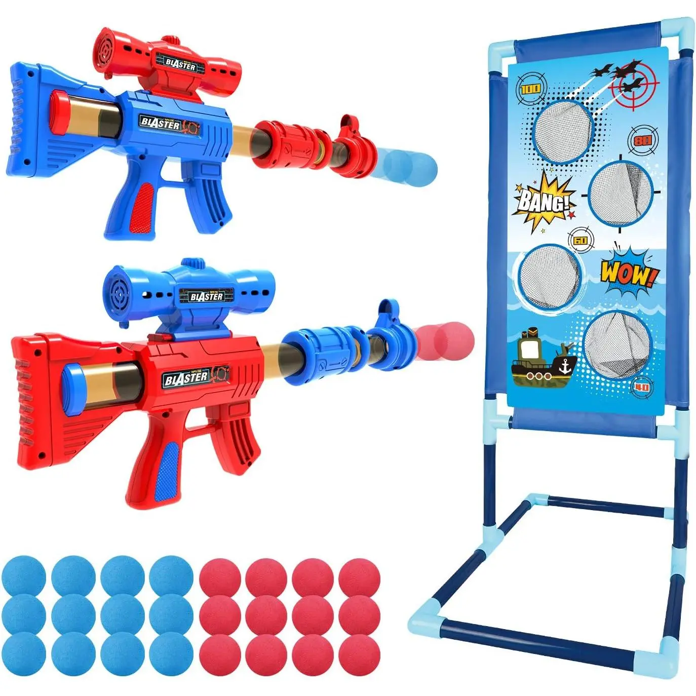 Foam Ball Blaster Set - 2-Piece Air Guns, Shooting Target, Outdoor Sports Play Toy for 6+ Year-Old Boys, Ideal Birthday Gift