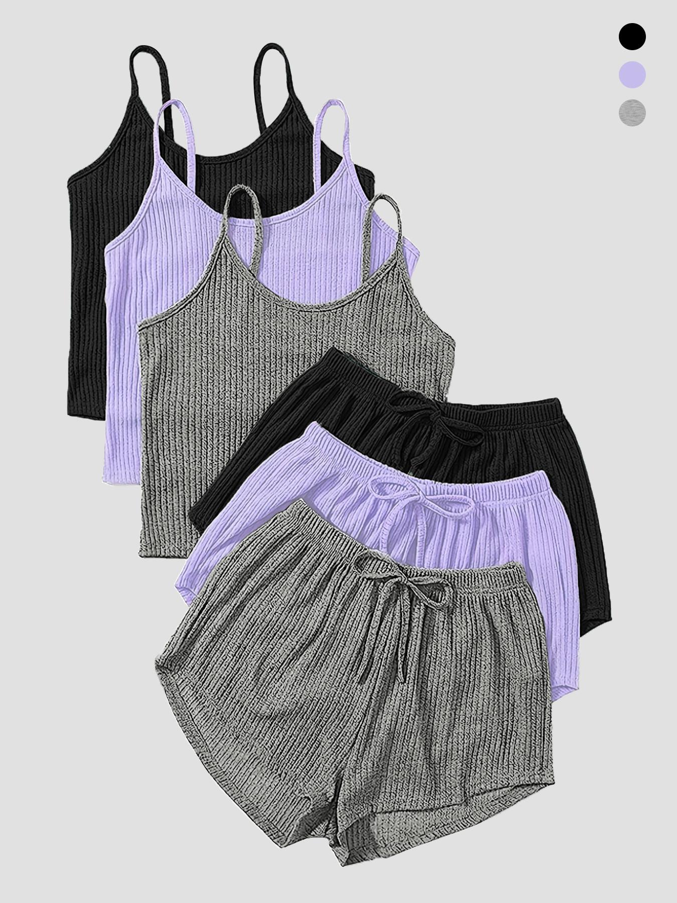 Six-Piece Set Women's Plain Basic Fitted Ribbed Shorts Set, Casual Soft Crop Spaghetti Strap Cami Top & Elastic Waist Shorts Set, Summer Clothes, Summer Outfits Set for Outdoor Holiday, Cute Summer Outfit