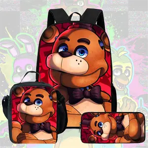 Waterproof 3-Piece Oxford School Bag Set, Five Nights at Freddy’s Freddy Bear Vibrant Red Background Print, Ideal for Daily School Use, Horror Game Fan Meetups And Casual Themed Outdoor Trips