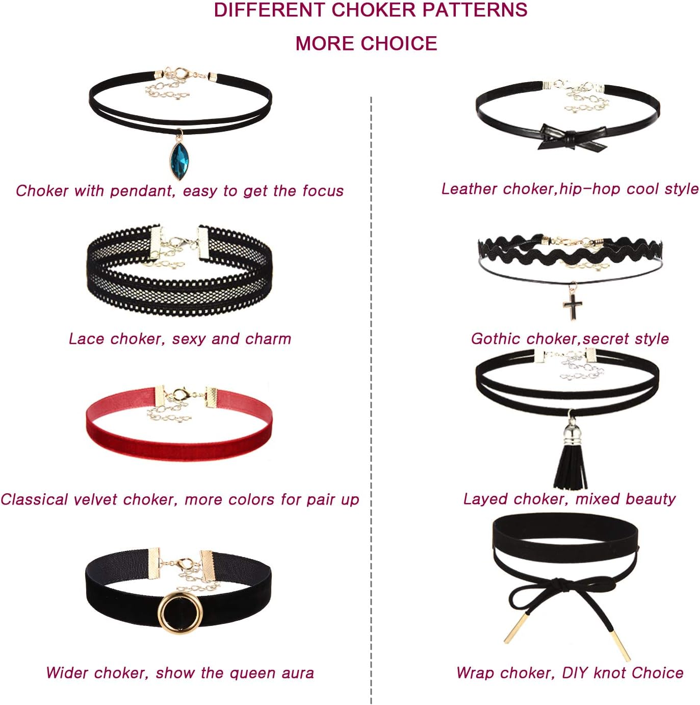 52 count Choker Necklace, Classic Colorful Gothic Collar Choker Necklace And Black Cute Lace Velvet Choker Necklace Set