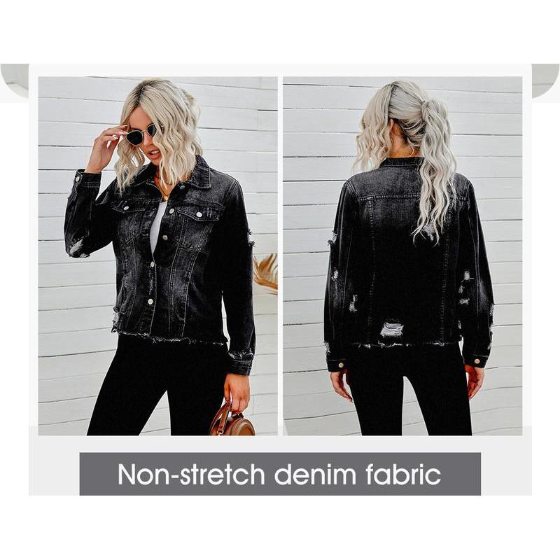 Women's Jean Jackets Non Stretch Boyfriend Washed Distressed Ripped Lapel Long Sleeve Denim Jacket Tops 2025 Spring Fall Womenswear Outfits Casual Coats