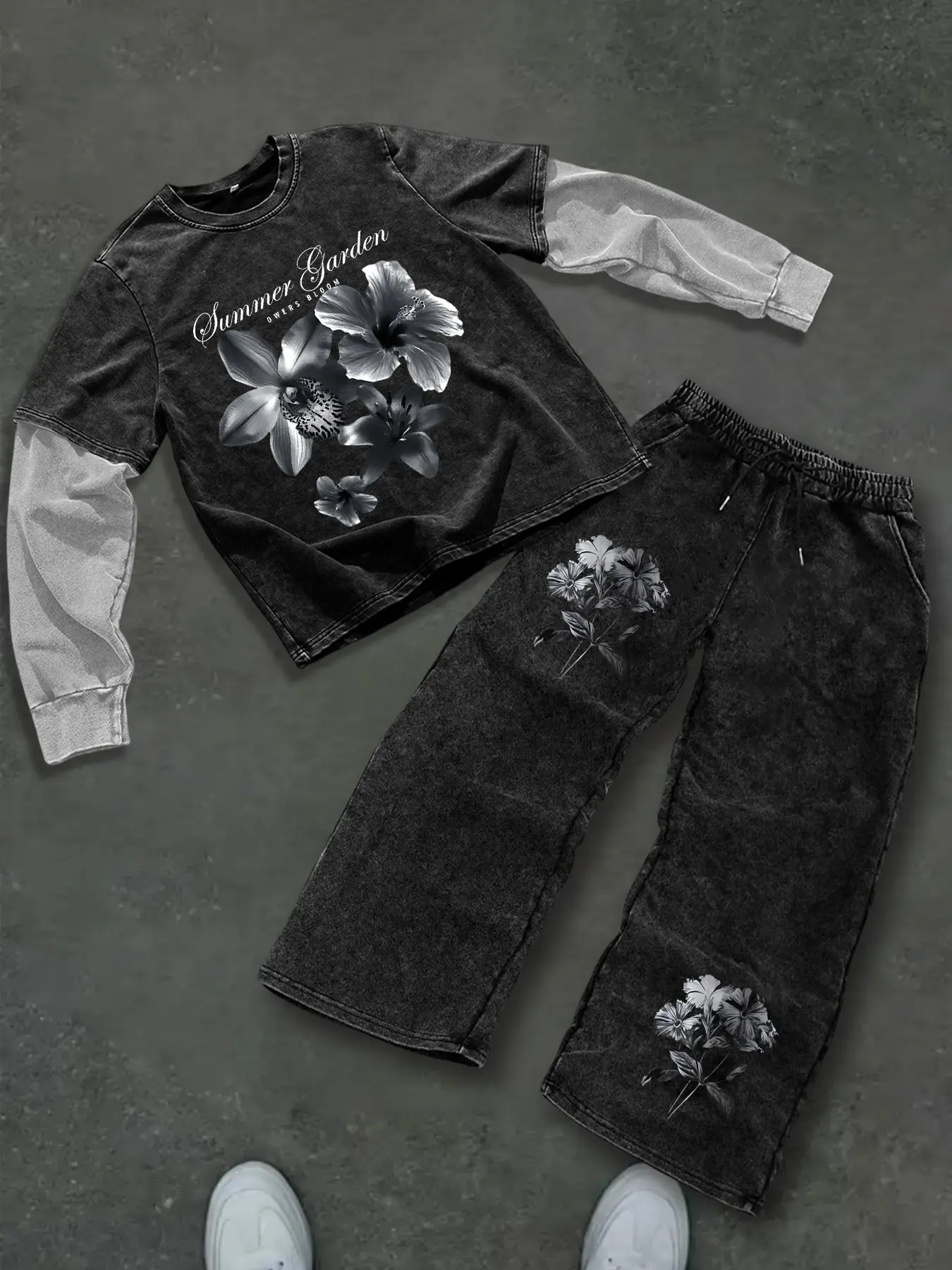 Men's Cotton Fake Two-Piece Long Sleeve Top, Floral Print Washed Set, Y2K Streetwear, Vintage T-Shirt & Wide Leg Pants, Casual Suit, Aesthetic