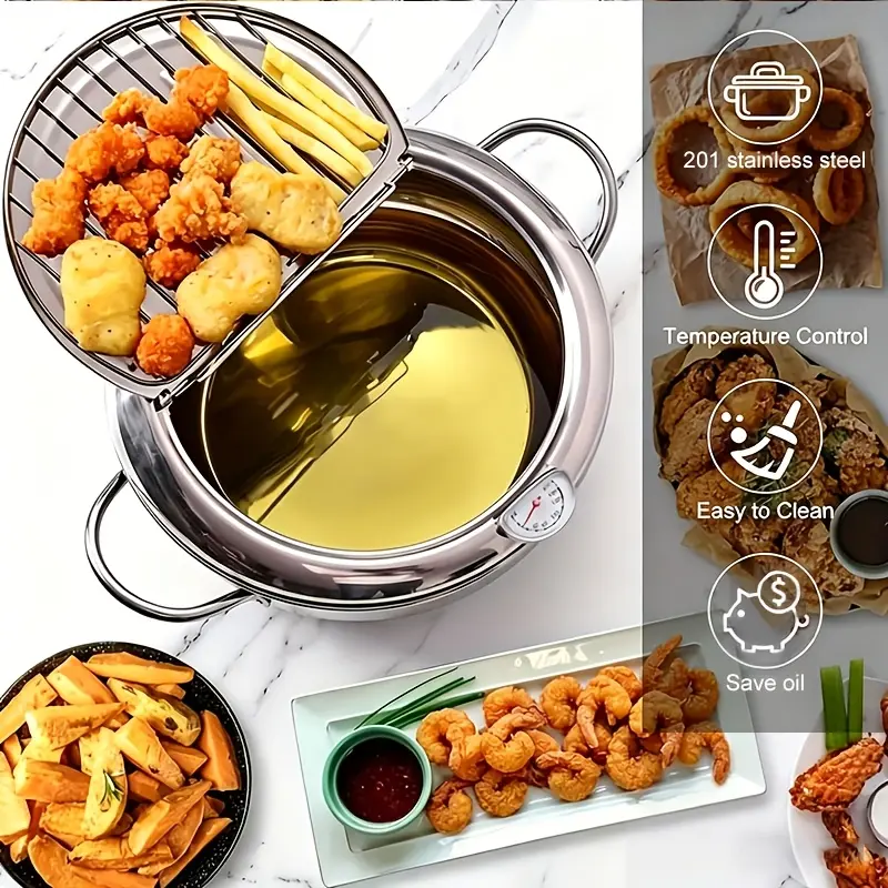 1PCS Japanese Tempura Fryer Stainless Steel Deep Fryer with Thermometer Thickened for Kitchen Cooking