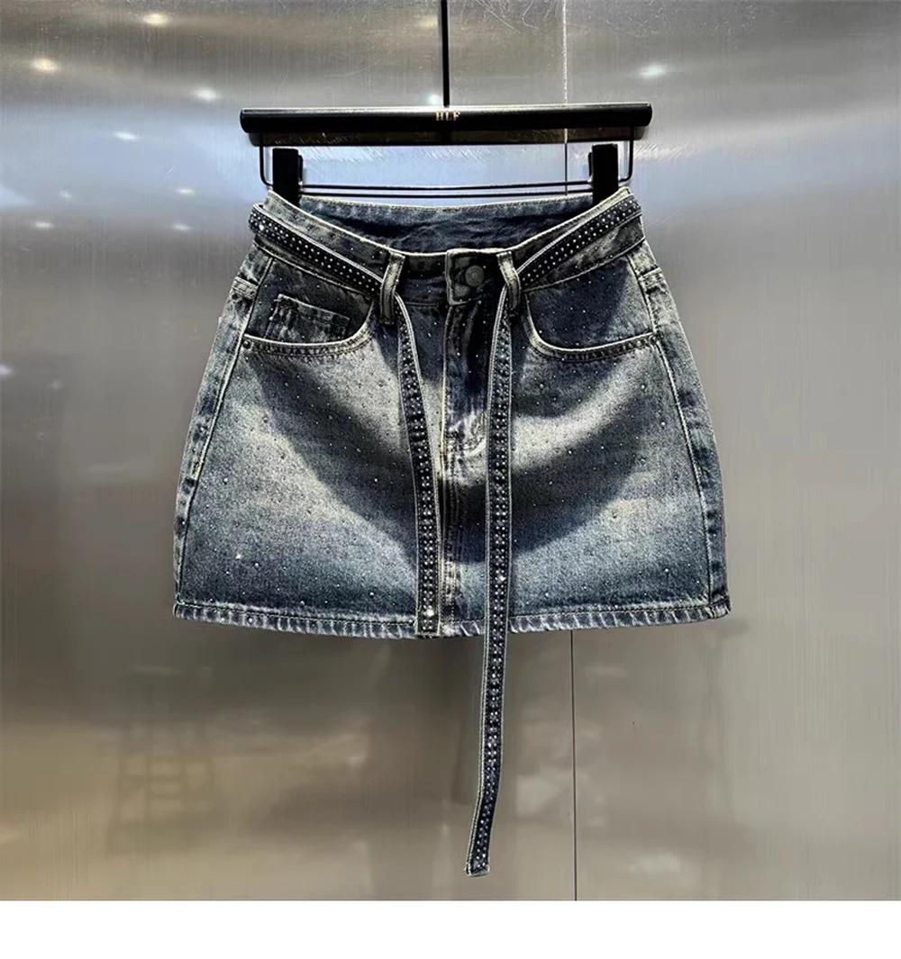 Oversize Retro Diamond Denim Mini Skirt for Women Summer High Waist Shiny Rivet Slim Skirts Gradient Black Grey Jean Skirts, Womenswear Bottom Palda Basic Minimalist